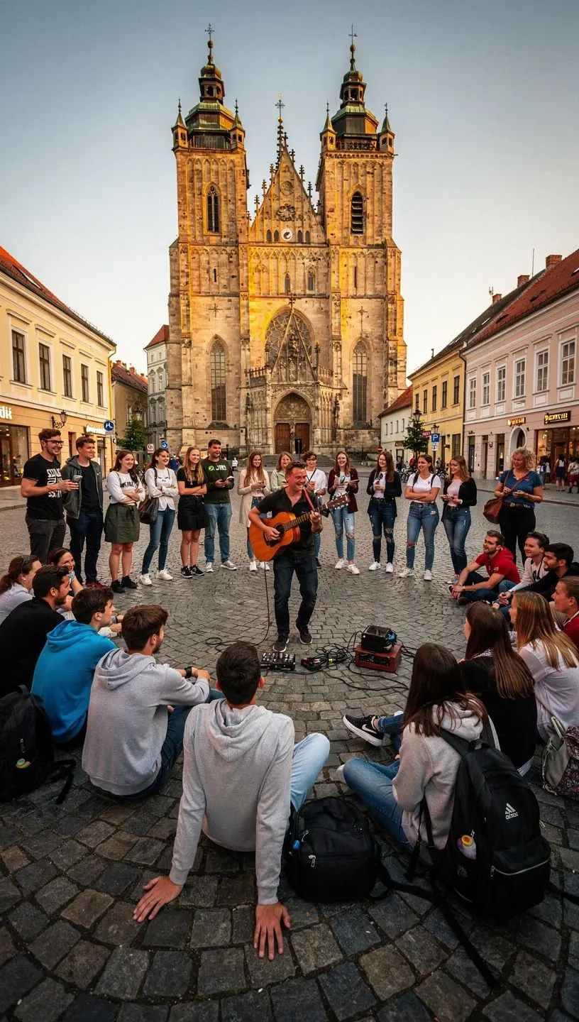 A group of tourists enjoying a guided walking tour through the picturesque streets of Košice.